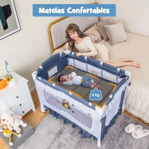 4 en 1 Lit Parapluie Bébé avec Matelas et Filet Détachable Lit Bébé Evolutif avec Table à Langer, Style Princesse Boîte à Musique et Jouets pour Bébé de 0-3 Ans Gris