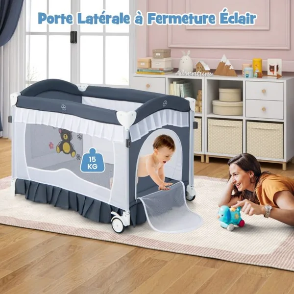 4 en 1 Lit Parapluie Bébé avec Matelas et Filet Détachable Lit Bébé Evolutif avec Table à Langer, Style Princesse Boîte à Musique et Jouets pour Bébé de 0-3 Ans Gris