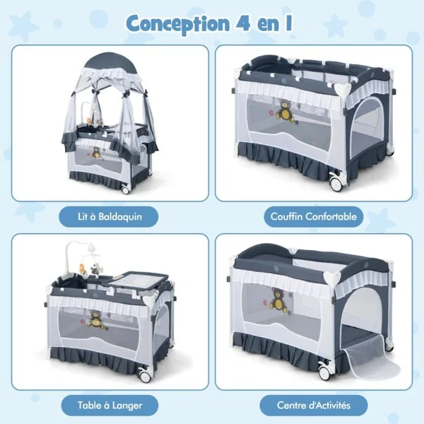4 en 1 Lit Parapluie Bébé avec Matelas et Filet Détachable Lit Bébé Evolutif avec Table à Langer, Style Princesse Boîte à Musique et Jouets pour Bébé de 0-3 Ans Gris