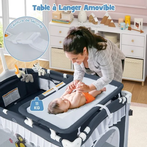 4 en 1 Lit Parapluie Bébé avec Matelas et Filet Détachable Lit Bébé Evolutif avec Table à Langer, Style Princesse Boîte à Musique et Jouets pour Bébé de 0-3 Ans Gris