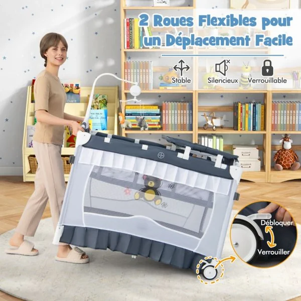 4 en 1 Lit Parapluie Bébé avec Matelas et Filet Détachable Lit Bébé Evolutif avec Table à Langer, Style Princesse Boîte à Musique et Jouets pour Bébé de 0-3 Ans Gris