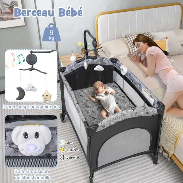 4 en 1 Lit Parapluie Bébé avec Matelas & Table à Langer Lit Bébé Evolutif avec 3 Jouets Mignons & Boîte à Musique Charge 9kg pour 0-36 Mois