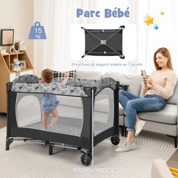 4 en 1 Lit Parapluie Bébé avec Matelas & Table à Langer Lit Bébé Evolutif avec 3 Jouets Mignons & Boîte à Musique Charge 9kg pour 0-36 Mois