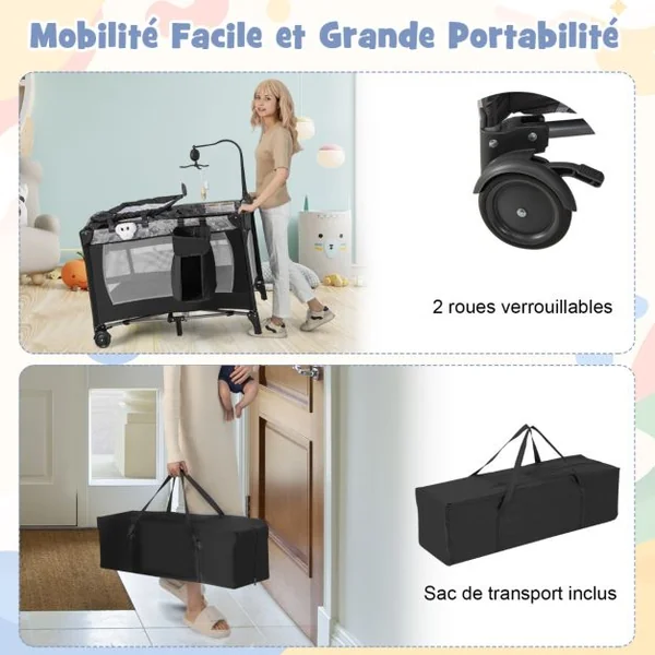 4 en 1 Lit Parapluie Bébé avec Matelas & Table à Langer Lit Bébé Evolutif avec 3 Jouets Mignons & Boîte à Musique Charge 9kg pour 0-36 Mois