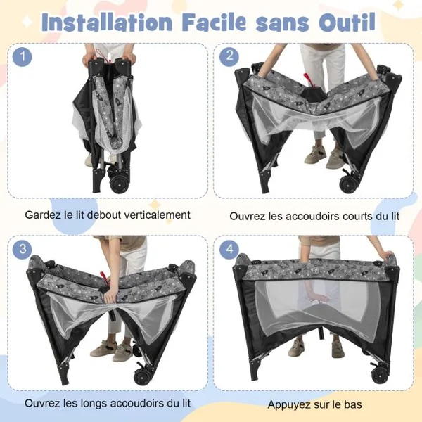 4 en 1 Lit Parapluie Bébé avec Matelas & Table à Langer Lit Bébé Evolutif avec 3 Jouets Mignons & Boîte à Musique Charge 9kg pour 0-36 Mois