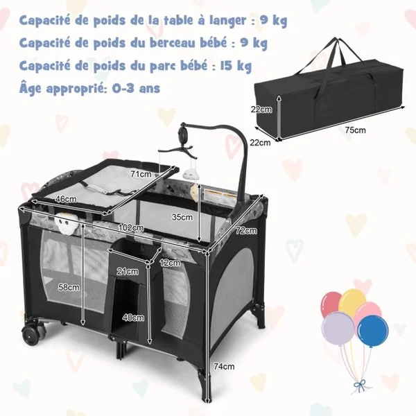 4 en 1 Lit Parapluie Bébé avec Matelas & Table à Langer Lit Bébé Evolutif avec 3 Jouets Mignons & Boîte à Musique Charge 9kg pour 0-36 Mois