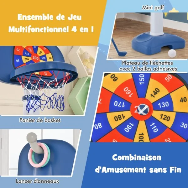 4 en 1 Panier de Basketball Enfants avec Hauteur Réglable(100-140cm) Support de Basket-ball en HDPE & Golf avec Accessoires Riches pour Garçons Filles de 3 Ans+