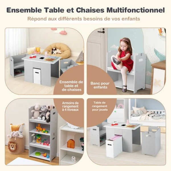 4 en 1 Table Enfants avec 2 Chaises Table d'activités avec Banc de Rangement & Couvercle Amovible Charge 30kg pour Enfants de 3 Ans+