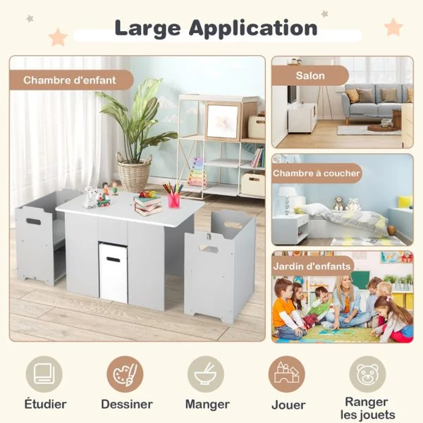 4 en 1 Table Enfants avec 2 Chaises Table d'activités avec Banc de Rangement & Couvercle Amovible Charge 30kg pour Enfants de 3 Ans+