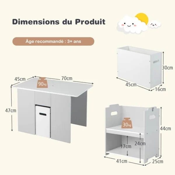4 en 1 Table Enfants avec 2 Chaises Table d'activités avec Banc de Rangement & Couvercle Amovible Charge 30kg pour Enfants de 3 Ans+