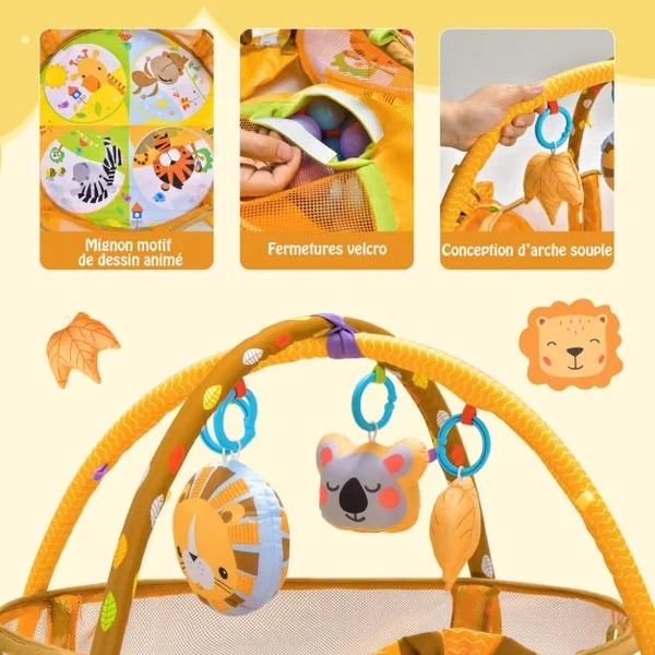 4 en 1 Tapis d'Éveil Bébé en Forme Lion avec 4 Jouets Suspendus et 30 Balles Filet de Protection 76 x 76 x 50 cm Cadeau Jouets