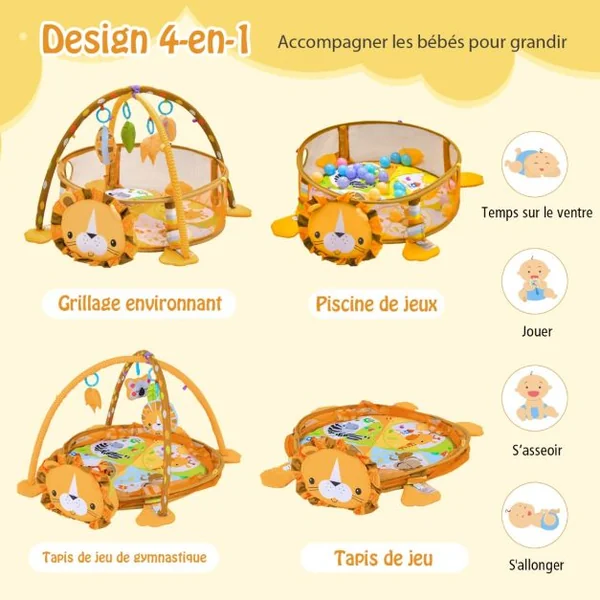 4 en 1 Tapis d'Éveil Bébé en Forme Lion avec 4 Jouets Suspendus et 30 Balles Filet de Protection 76 x 76 x 50 cm Cadeau Jouets
