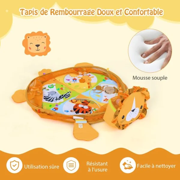 4 en 1 Tapis d'Éveil Bébé en Forme Lion avec 4 Jouets Suspendus et 30 Balles Filet de Protection 76 x 76 x 50 cm Cadeau Jouets