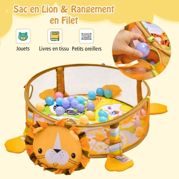 4 en 1 Tapis d'Éveil Bébé en Forme Lion avec 4 Jouets Suspendus et 30 Balles Filet de Protection 76 x 76 x 50 cm Cadeau Jouets