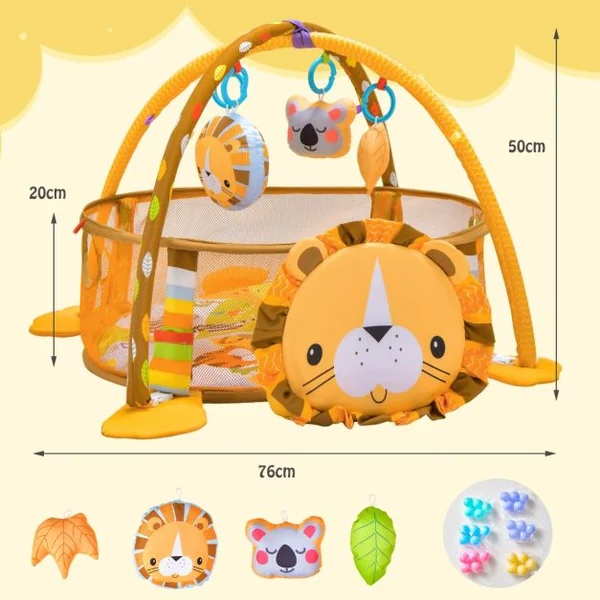 4 en 1 Tapis d'Éveil Bébé en Forme Lion avec 4 Jouets Suspendus et 30 Balles Filet de Protection 76 x 76 x 50 cm Cadeau Jouets