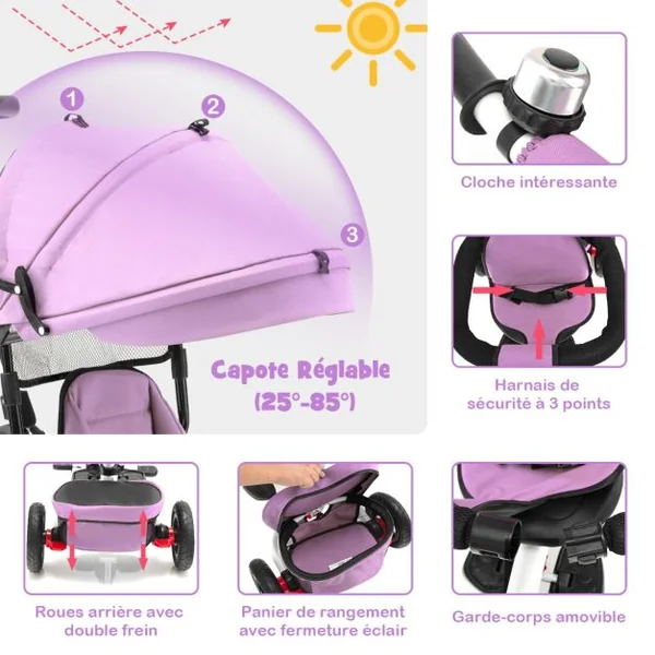 4 en 1 Tricycle Bébé Évolutif 1-5 Ans avec Auvent&Poignée Réglables Draisienne Évolutif Pliable avec Siège Réversible & Pédale Pliable Roues Gris