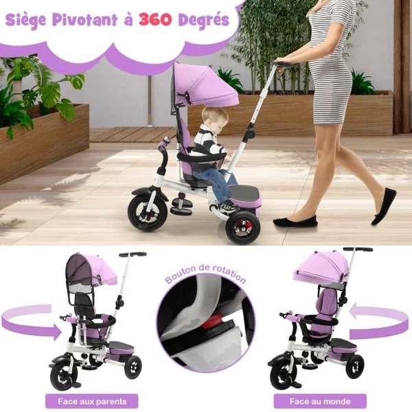 4 en 1 Tricycle Bébé Évolutif 1-5 Ans avec Auvent&Poignée Réglables Draisienne Évolutif Pliable avec Siège Réversible & Pédale Pliable Roues Gris