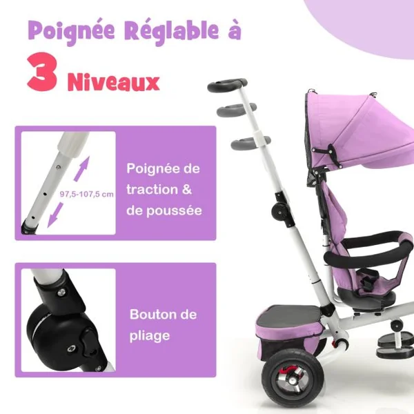 4 en 1 Tricycle Bébé Évolutif 1-5 Ans avec Auvent&Poignée Réglables Draisienne Évolutif Pliable avec Siège Réversible & Pédale Pliable Roues Gris