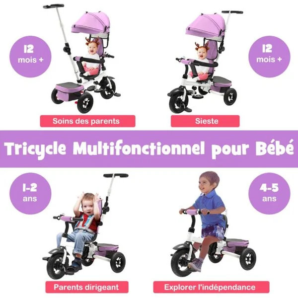 4 en 1 Tricycle Bébé Évolutif 1-5 Ans avec Auvent&Poignée Réglables Draisienne Évolutif Pliable avec Siège Réversible & Pédale Pliable Roues Gris