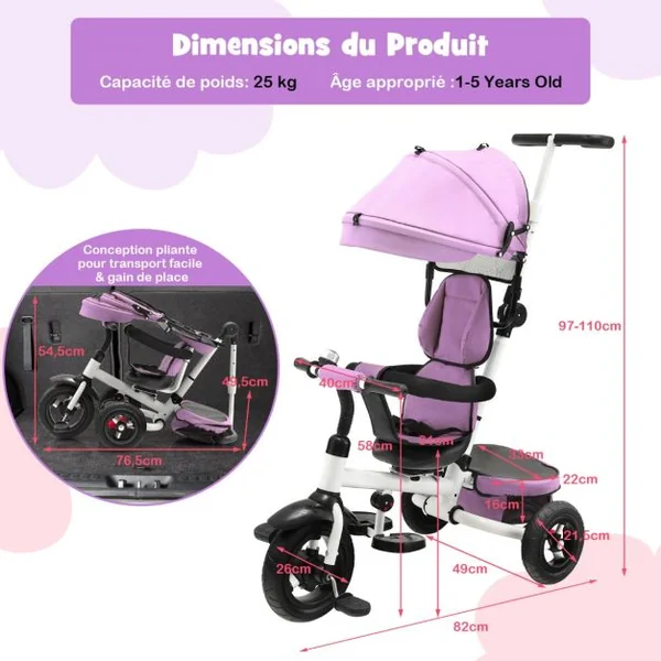4 en 1 Tricycle Bébé Évolutif 1-5 Ans avec Auvent&Poignée Réglables Draisienne Évolutif Pliable avec Siège Réversible & Pédale Pliable Roues Gris