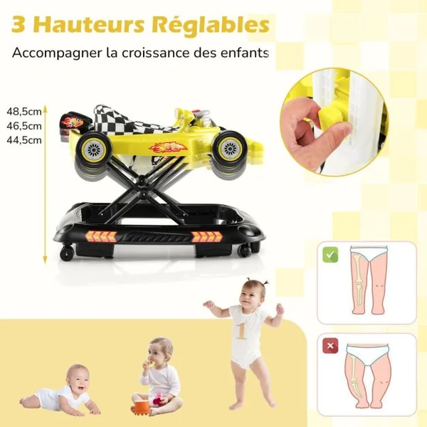 4 en 1 Trotteur Bébé Évolutif Pliable avec 3 Hauteur Réglable Trotteur Marche avec Lumière Charge 12 kg pour Bébé de 6+ Mois Jaune/Rose/Rouge