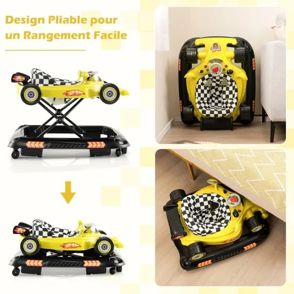 4 en 1 Trotteur Bébé Évolutif Pliable avec 3 Hauteur Réglable Trotteur Marche avec Lumière Charge 12 kg pour Bébé de 6+ Mois Jaune/Rose/Rouge
