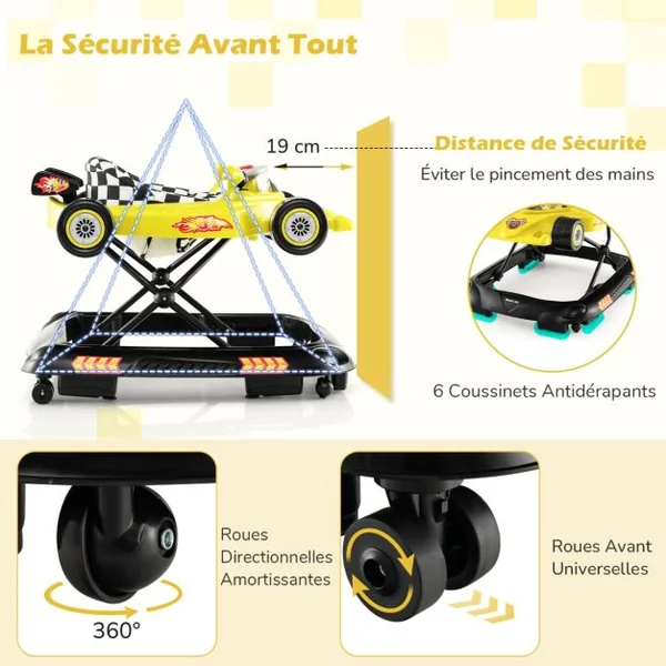 4 en 1 Trotteur Bébé Évolutif Pliable avec 3 Hauteur Réglable Trotteur Marche avec Lumière Charge 12 kg pour Bébé de 6+ Mois Jaune/Rose/Rouge