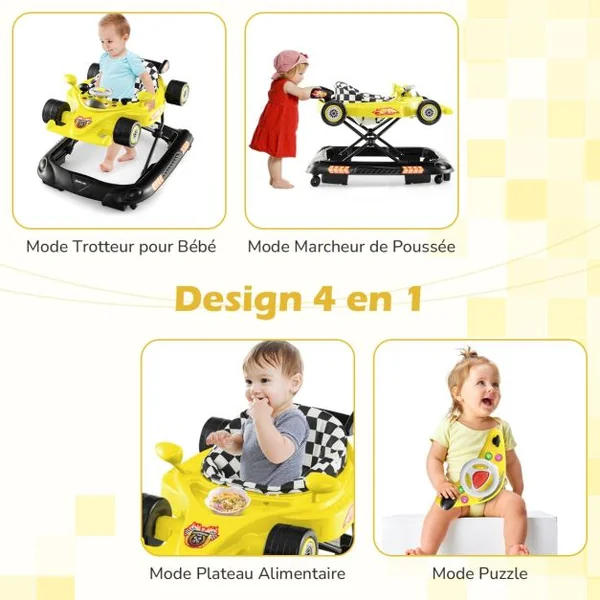 4 en 1 Trotteur Bébé Évolutif Pliable avec 3 Hauteur Réglable Trotteur Marche avec Lumière Charge 12 kg pour Bébé de 6+ Mois Jaune/Rose/Rouge