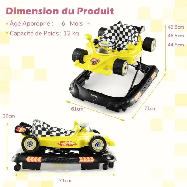 4 en 1 Trotteur Bébé Évolutif Pliable avec 3 Hauteur Réglable Trotteur Marche avec Lumière Charge 12 kg pour Bébé de 6+ Mois Jaune/Rose/Rouge