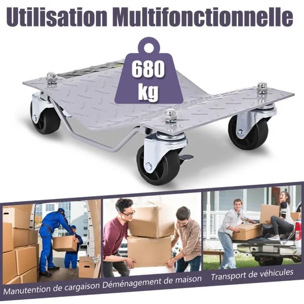 4 Pcs Chariots de Manutention de Voiture Capacité 680 kg/Pc avec Roulettes Verrouillables 360° et Poignée 40,5 x 30 cm