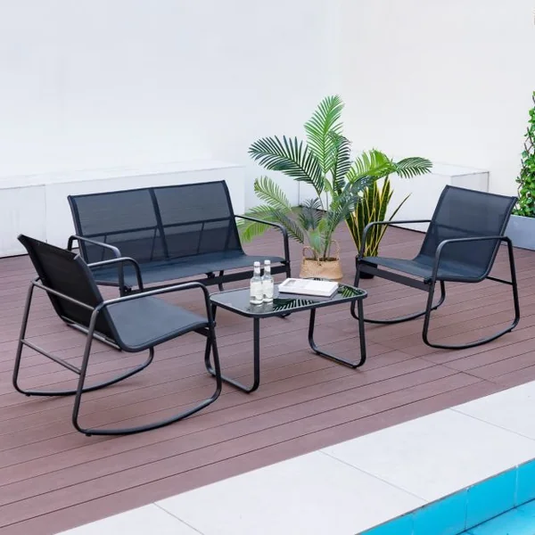 4 Pcs Salon de Jardin en Métal+Textilène Ensemble Chaises à Bascule et Table en Verre Trempé 4 Personnes Piscine Balcon Noir