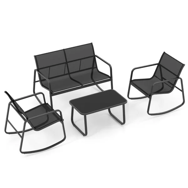 4 Pcs Salon de Jardin en Métal+Textilène Ensemble Chaises à Bascule et Table en Verre Trempé 4 Personnes Piscine Balcon Noir