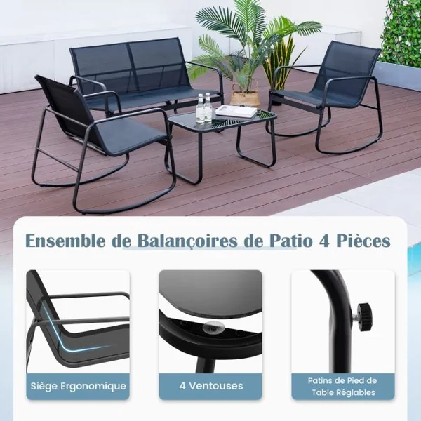 4 Pcs Salon de Jardin en Métal+Textilène Ensemble Chaises à Bascule et Table en Verre Trempé 4 Personnes Piscine Balcon Noir