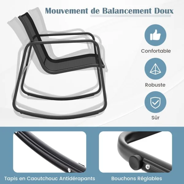 4 Pcs Salon de Jardin en Métal+Textilène Ensemble Chaises à Bascule et Table en Verre Trempé 4 Personnes Piscine Balcon Noir