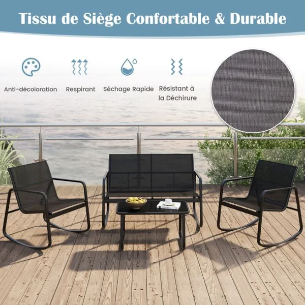 4 Pcs Salon de Jardin en Métal+Textilène Ensemble Chaises à Bascule et Table en Verre Trempé 4 Personnes Piscine Balcon Noir