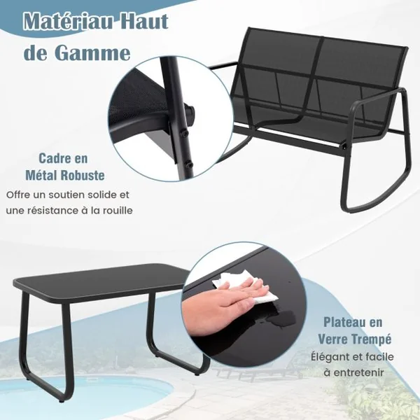 4 Pcs Salon de Jardin en Métal+Textilène Ensemble Chaises à Bascule et Table en Verre Trempé 4 Personnes Piscine Balcon Noir