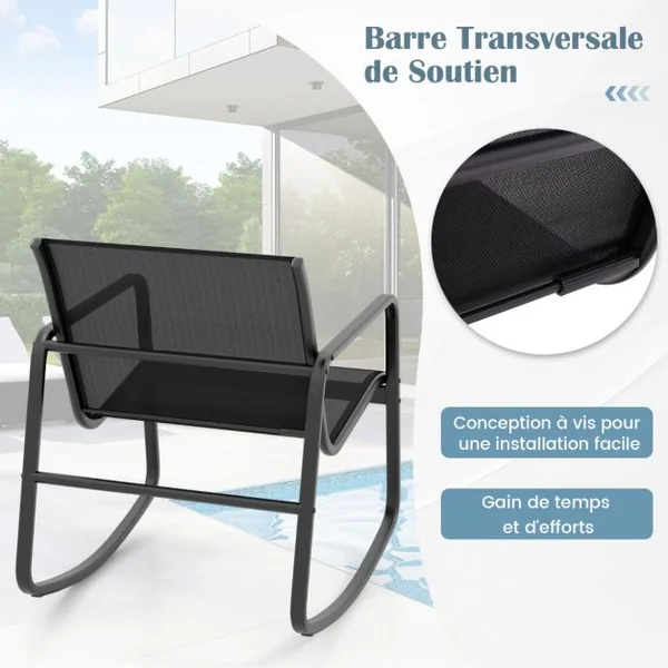 4 Pcs Salon de Jardin en Métal+Textilène Ensemble Chaises à Bascule et Table en Verre Trempé 4 Personnes Piscine Balcon Noir