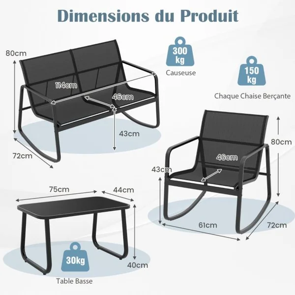 4 Pcs Salon de Jardin en Métal+Textilène Ensemble Chaises à Bascule et Table en Verre Trempé 4 Personnes Piscine Balcon Noir