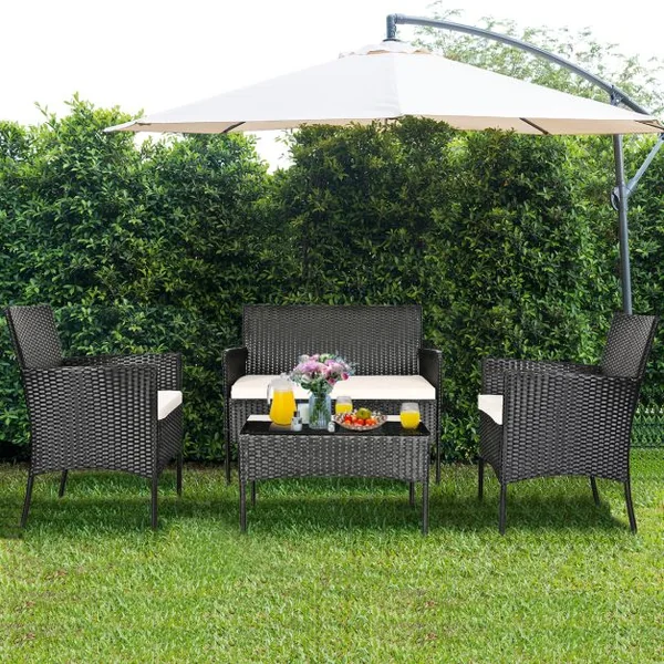 4 Pcs Salon de Jardin en Rotin PE 4 Personnes Fauteuils avec Coussins d'Assise Table Basse en Verre Trempé Marron+Blanc