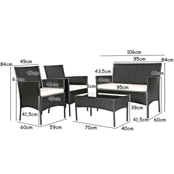 4 Pcs Salon de Jardin en Rotin PE 4 Personnes Fauteuils avec Coussins d'Assise Table Basse en Verre Trempé Marron+Blanc