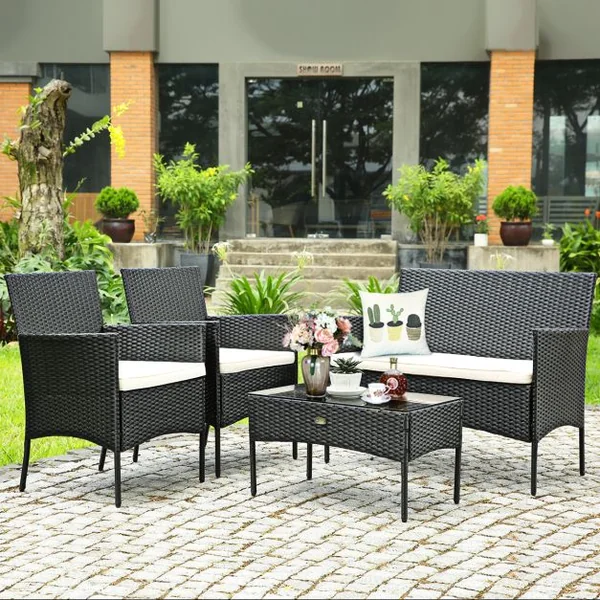 4 Pcs Salon de Jardin en Rotin PE 4 Personnes Fauteuils avec Coussins d'Assise Table Basse en Verre Trempé Marron+Blanc