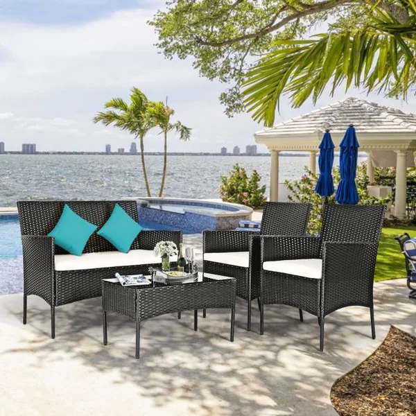 4 Pcs Salon de Jardin en Rotin PE 4 Personnes Fauteuils avec Coussins d'Assise Table Basse en Verre Trempé Marron+Blanc