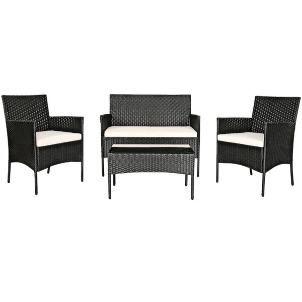 4 Pcs Salon de Jardin en Rotin PE 4 Personnes Fauteuils avec Coussins d'Assise Table Basse en Verre Trempé Marron+Blanc