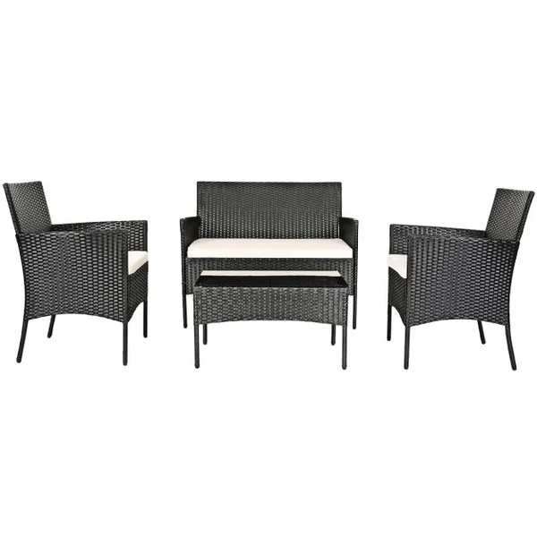 4 Pcs Salon de Jardin en Rotin PE 4 Personnes Fauteuils avec Coussins d'Assise Table Basse en Verre Trempé Marron+Blanc