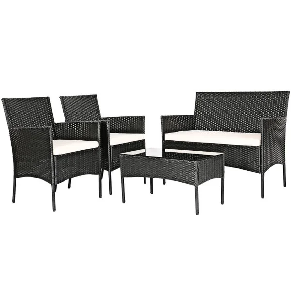 4 Pcs Salon de Jardin en Rotin PE 4 Personnes Fauteuils avec Coussins d'Assise Table Basse en Verre Trempé Marron+Blanc