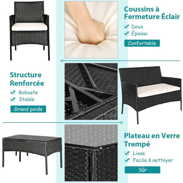 4 Pcs Salon de Jardin en Rotin PE 4 Personnes Fauteuils avec Coussins d'Assise Table Basse en Verre Trempé Marron+Blanc