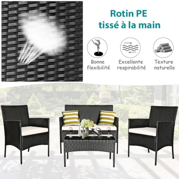 4 Pcs Salon de Jardin en Rotin PE 4 Personnes Fauteuils avec Coussins d'Assise Table Basse en Verre Trempé Marron+Blanc