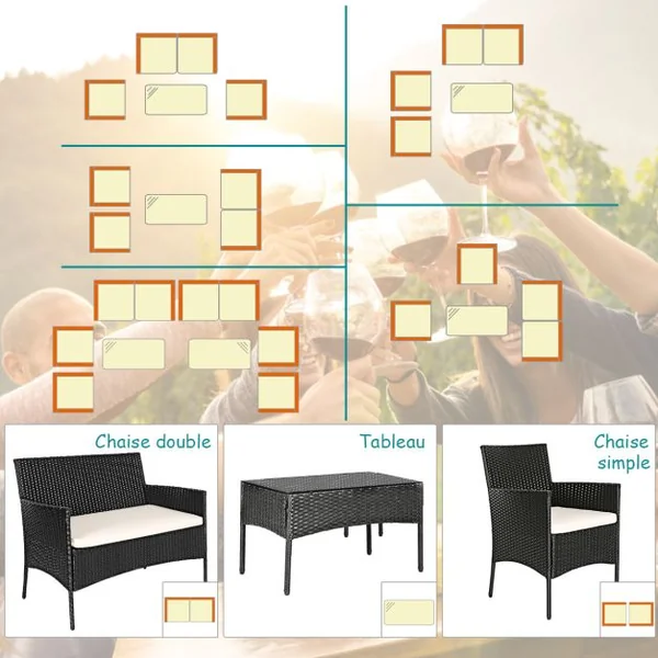 4 Pcs Salon de Jardin en Rotin PE 4 Personnes Fauteuils avec Coussins d'Assise Table Basse en Verre Trempé Marron+Blanc
