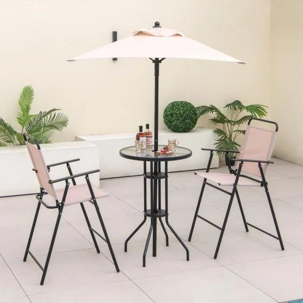 4 PCS Salon de Jardin Parasol 2 Chaises de Jardin Pliantes Table Basse en Verre Trempé Bistro Terrasse Piscine Beige