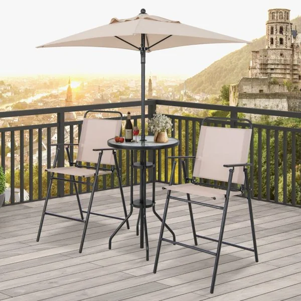 4 PCS Salon de Jardin Parasol 2 Chaises de Jardin Pliantes Table Basse en Verre Trempé Bistro Terrasse Piscine Beige